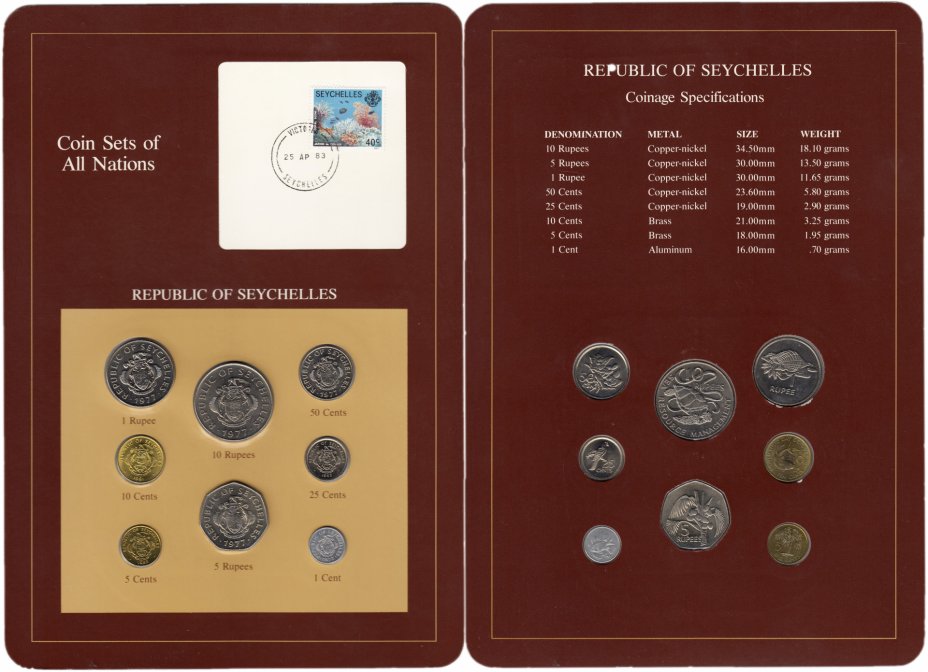 купить Серия "Наборы монет всех стран мира" - Сейшелы (Набор из 8 монет и 1 марки в буклете)