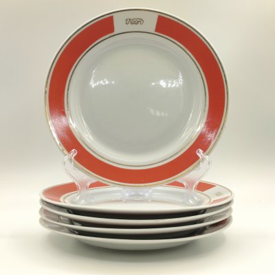 купить Набор из 5-ти обеденных тарелок с лаконичным декором, фарфор, крытье, золочение, Октябрьский фарфорово-фаянсовый завод, СССР, 1964-1991 гг.