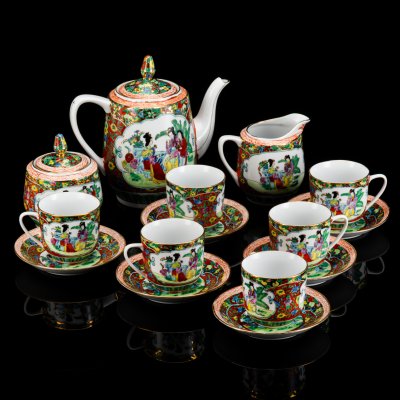 купить Чайный сервиз "Китайские красавицы в саду" на 6 персон (15 предметов), фарфор, деколь, роспись эмалевыми красками, золочение, Китай, 1960-1980 гг.