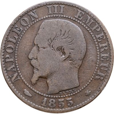 купить Франция 5 сантимов (centimes) 1855 BB знак монетного двора: "BB" - Страсбург, император Наполеон III