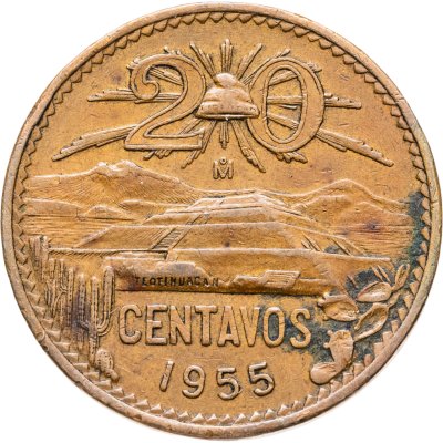 купить Мексика 20 сентаво (centavos) 1955 Новый тип аверса, Голова змеи далеко от кактуса