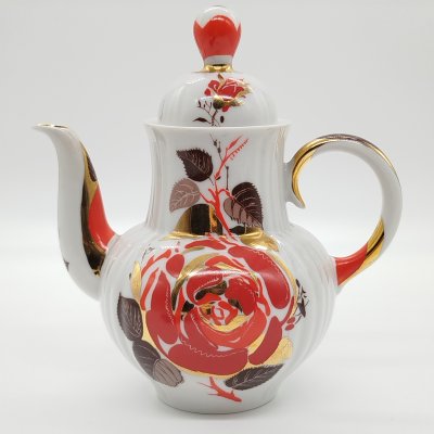 купить Чайник заварочный из сервиза «Красная роза» (Красный пион), фарфор, деколь, золочение, Ленинградский фарфоровый завод (ЛФЗ), СССР, 1970-1980 гг.