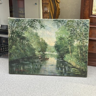 купить Картина "Летний пейзаж с лодкой", подпись А. Сухарев (?), холст, масло, деревянный подрамнк, Россия, 1970-2000 гг.