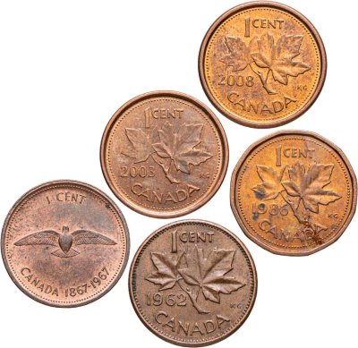 купить Канада набор из 5 монет номиналом 1 цент 1953-2014