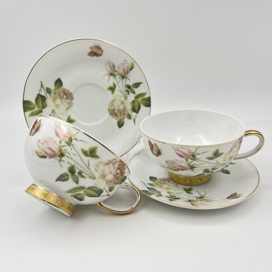 купить Набор чайных пар винтажный, с цветочным декором на 2 персоны (в подарочной упаковке), Veroni, фарфор, деколь, золочение, Польша, 1990-2010 гг.
