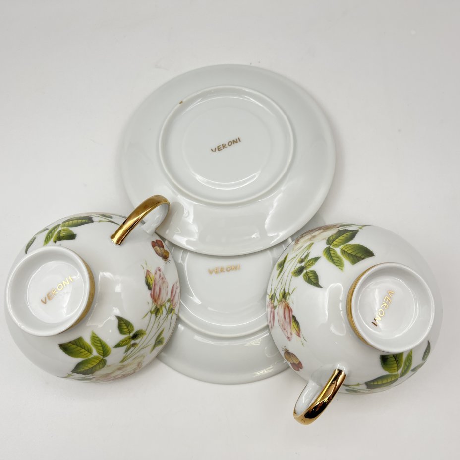 купить Набор чайных пар винтажный, с цветочным декором на 2 персоны (в подарочной упаковке), Veroni, фарфор, деколь, золочение, Польша, 1990-2010 гг.