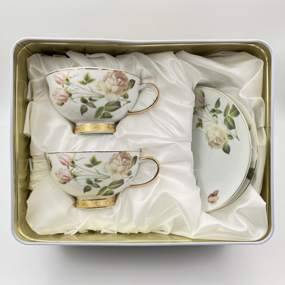 Купить Набор чайных пар винтажный, с цветочным декором на 2 персоны (в подарочной упаковке), Veroni, фарфор, деколь, золочение, Польша, 1990-2010 гг.