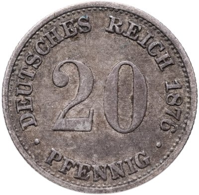купить Германская империя 20 пфеннигов (pfennig) 1876, знак монетного двора: "G" - Карлсруэ