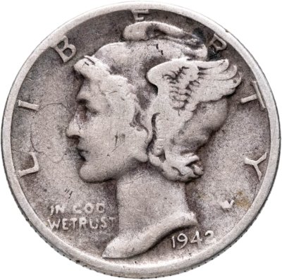 купить США 10 центов (дайм, one dime) 1942 Mercury Dime (дайм «Меркурий»), без обозначения монетного двора