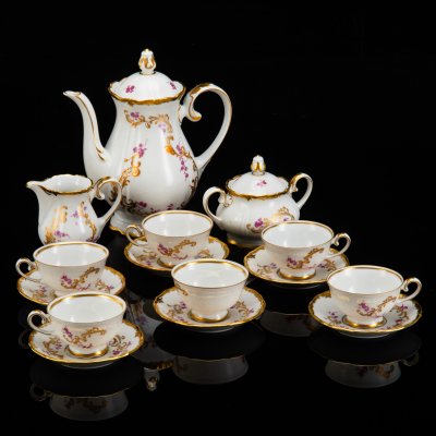 купить Сервиз кофейный на 6 персон с ажурно-цветочным декором (15 предметов), фарфор, деколь, золочение, Reichenbach (Райхенбах), ГДР, 1968-1990 гг.