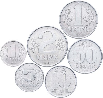 купить ГДР набор из 6 монет 1, 5, 10, 50 пфеннигов и 1, 2 марки 1967-1981