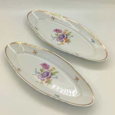 купить Пара сервировочных блюд (селедочниц) с цветочным декором, фарфор, деколь, золочение, Дулевский фарфоровый завод (Дулёво), СССР, 1968-1991 гг.