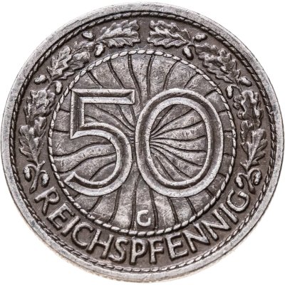 купить Германия 50 рейхспфеннигов (reichspfennig) 1928, знак монетного двора "G" Карлсруэ