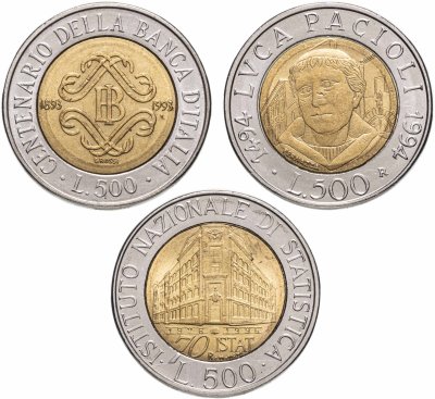 купить Италия набор из 3х юбилейных монет 500 лир 1993-1996