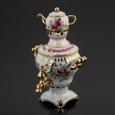 Купить Статуэтка "Самовар с заварочным чайником", фарфор, роспись, золочение, Объединение «Гжель», СССР, 1972-1985 гг.