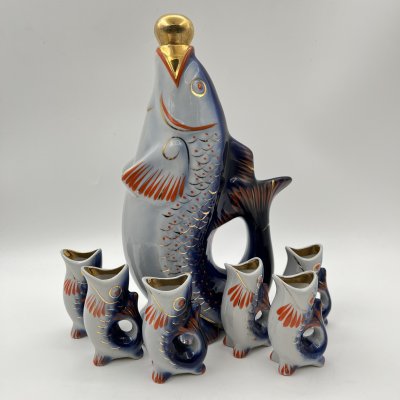 купить Набор для крепких напитков "Рыба" (штоф и 6 стопки), автор М.Д.Барамидзе, фарфор, роспись, золочение, Полонский завод художественной керамики (Полонное ЗХК), СССР, 1973-1991 гг.