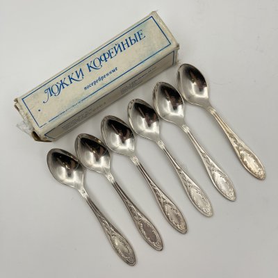 купить Набор кофейных ложек "Пламя" на 6 персон в оригинальной коробке, мНЦ (медь-никель-цинк), картон, Кольчугинский завод цветных металлов, СССР, 1970-1990 гг.