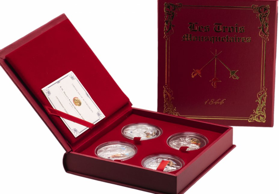купить Беларусь набор из 4-х монет 20 рублей 2009 "Три мушкетера" в подарочном футляре, с сертификатом
