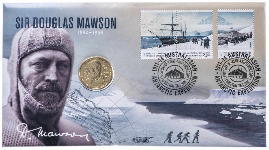 купить Австралия 1 доллар (dollar) 2012 "Вдохновляющие австралийцы - Сэр Дуглас Моусон" (в конверте с маркой)