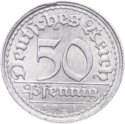 купить Германия (Веймарская республика) 50 пфеннигов (pfennig) 1921 F знак монетного двора "F" — Штутгарт