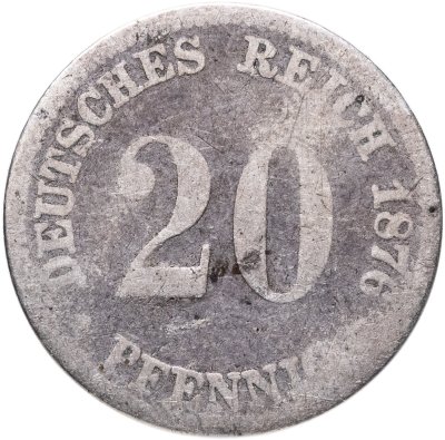 купить Германская империя 20 пфеннигов (pfennig) 1876, знак монетного двора: "E" - Дрезден