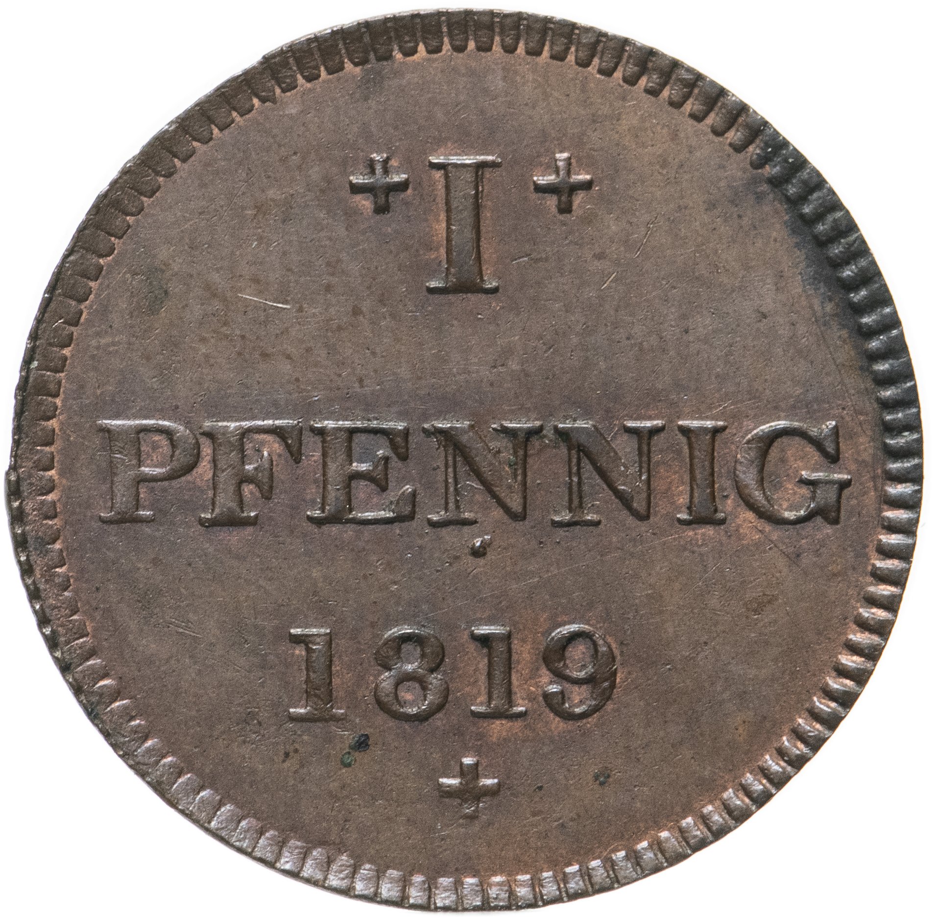 Монета вольный город Франкфурт 1 пфенниг 1819 стоимостью 2250 руб.