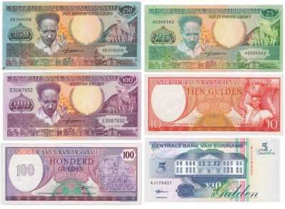 купить Суринам набор 6 банкнот 5 , 10, 25, 100, 250 гульденов 1963-1986