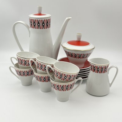 купить Сервиз кофейный на 6 персон (15 предметов) с минималистичным орнаментом, фарфор, крытье, деколь, золочение, Freiberger Porzellan, ГДР, 1960-1990 гг.