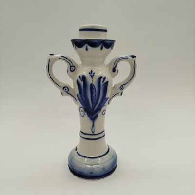 купить Подсвечник для одной свечи с цветочным декором, Гжель, фарфор, роспись, СССР, 1970-1990 гг.