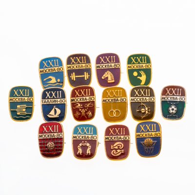 купить Подборка значков с видами спортивных соревнований на Играх XXII летней Олимпиады Москва-1980, СССР, з-д Металлической галантереи (г. Щербинка), 1980-е гг.