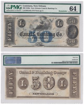 купить США, Луизиана, Новый Орлеан 50 долларов 1840 е в слабе PMG UNC 64