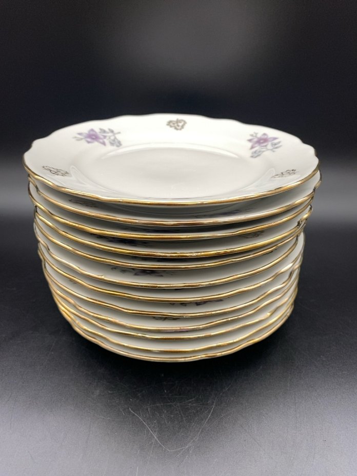 Набор из 12 тарелок с цветочным декором, фарфор, деколь, золочение ...