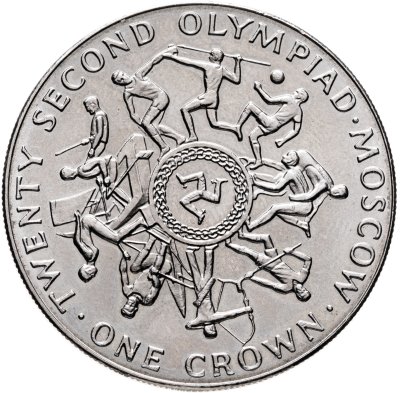 купить Остров Мэн 1 крона 1980 "XXII летние Олимпийские Игры, Москва 1980 - метатель копья вверху монеты"