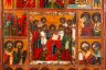 Купить Икона "Спас на троне" (с предстоящими и сценами жития) в  13 клеймах, [редкий образ с подписью даты создания], дерево, темпера, Российская империя, 1869 г.