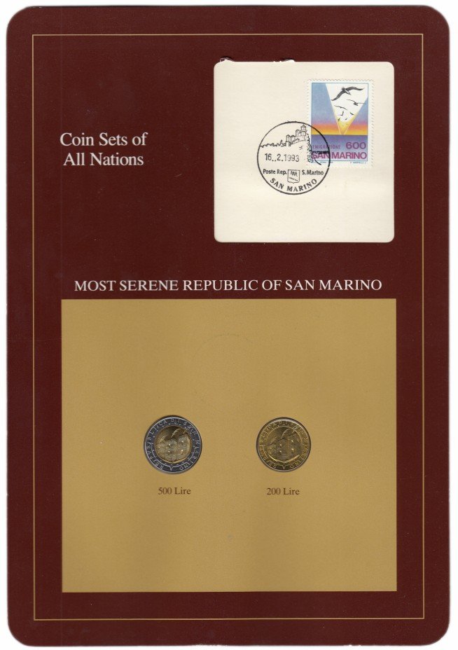 купить Серия "Наборы монет всех стран мира" - Сан-Марино (набор из 2 монет и 1 марки в буклете)