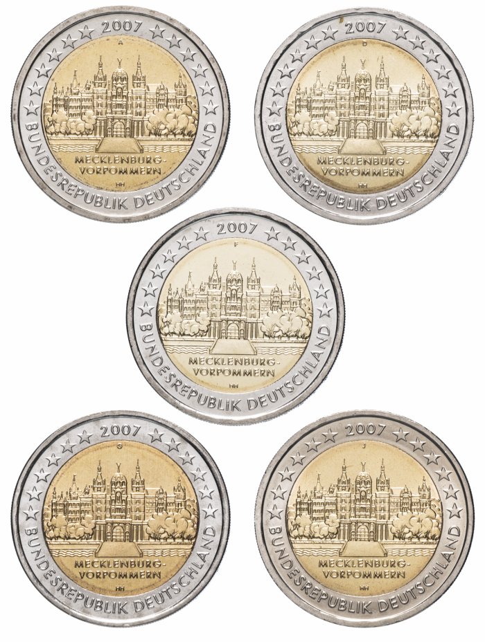 купить Германия полный комплект 2 евро 2007 "Шверинский Замок, Мекленбург", дворы A, D, F, G, J
