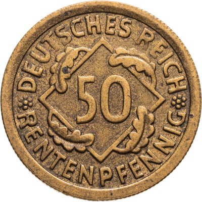купить Германия (Веймарская республика) 50 рентных пфеннигов 1924, знак монетного двора "F" — Штутгарт