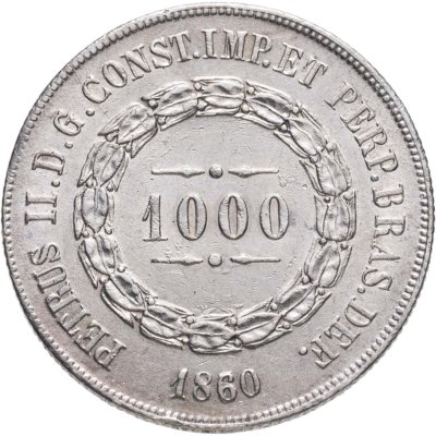 купить Бразилия 1000 реалов (рейс, reis) 1860 Император Педро II