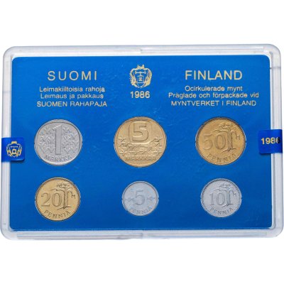 купить Финляндия полный набор из 6 монет 5, 10, 20, 50 пенни и 1, 5 марок 1986 в футляре