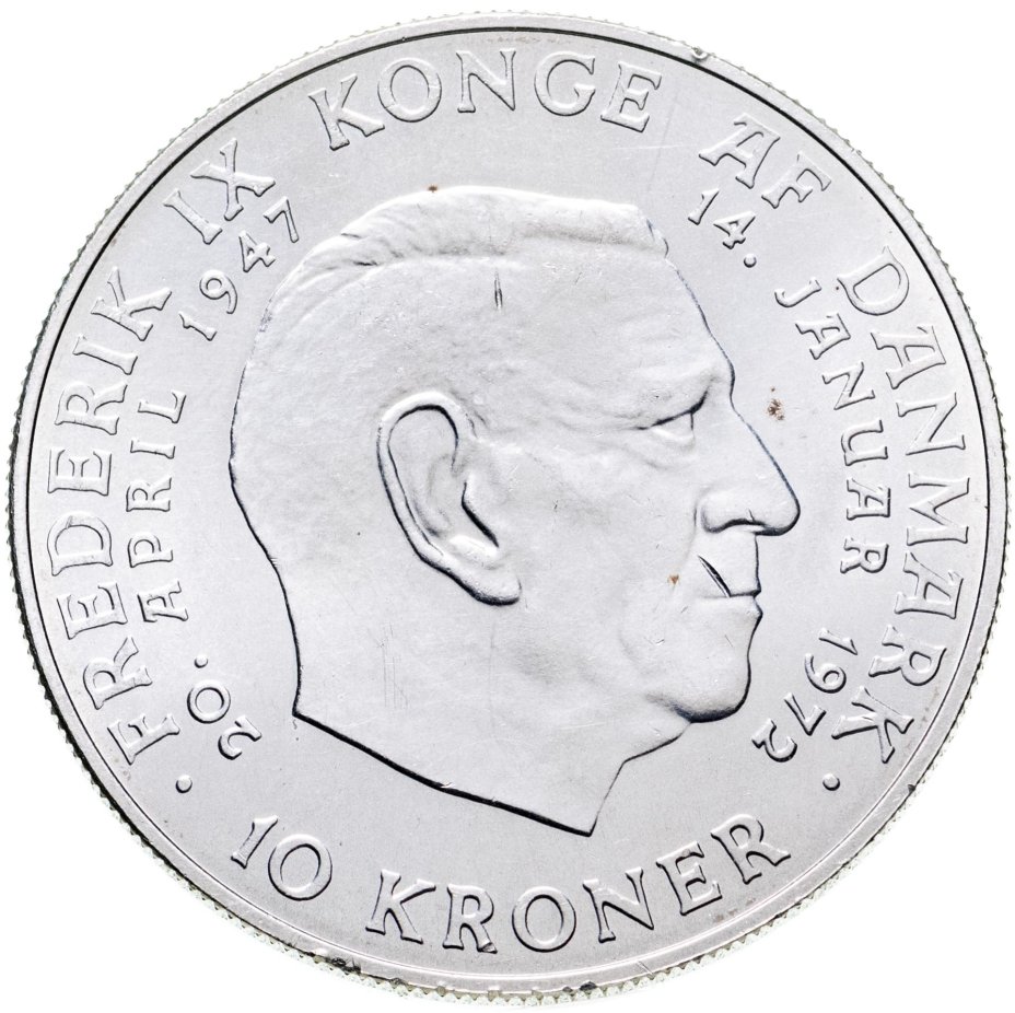 Монета Дания 10 крон 1972 "Смерть Фредерика IX и вступление на престол ...
