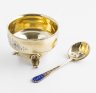 Купить Солонка на фигурных ножках с ложечкой "Рига" в подборе, серебро 875 пробы, золочение, гравировка, эмаль, Рижская ювелирная фабрика/ Ленинградская ювелирная фабрика, СССР, 1953 г.