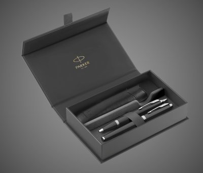 купить Набор из 2х ручек и чехла в подарочной коробке Parker "IM Black CT". Шариковая ручка и перьевая ручка, чехол экокожа, чернила синие, стержень М 1,0мм, Лаки и смолы: лак, латунь, 2026 г.