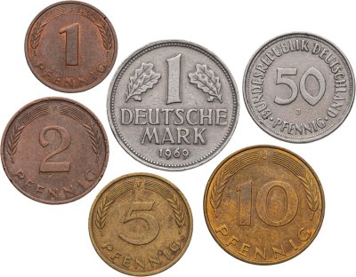 купить Германия, ФРГ набор 6 монет (1, 2, 5, 10, 50 пфеннигов и 1 марка ) 1949-1991