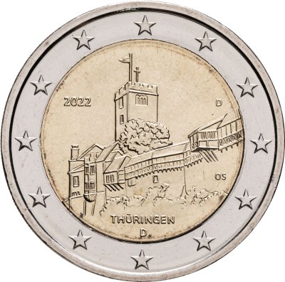 купить Германия 2 евро (euro) 2022 Федеральная земля Тюрингия - замок Вартбург, знак монетного двора "D" - Мюнхен