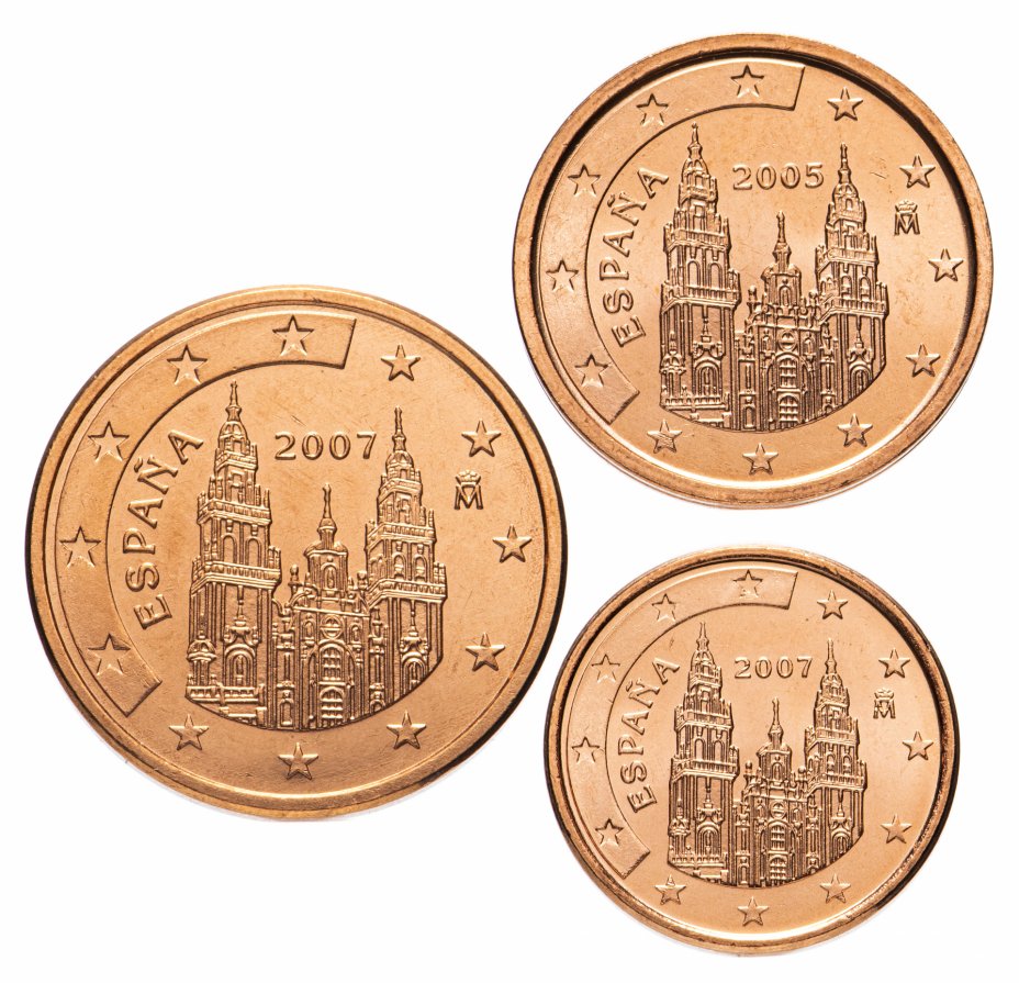 купить Испания набор монет от 1 до 5 евро центов 1999-2009 (3 штуки, случайный год)
