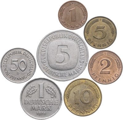 купить Германия (ФРГ) набор из 7 монет (1-50 пфеннигов и 1-5 марок) 1975-1991