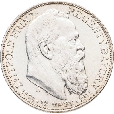 купить Германская Империя, Бавария 2 марки (mark) 1911 г. "90 лет со дня рождения Луитпольда Баварского"