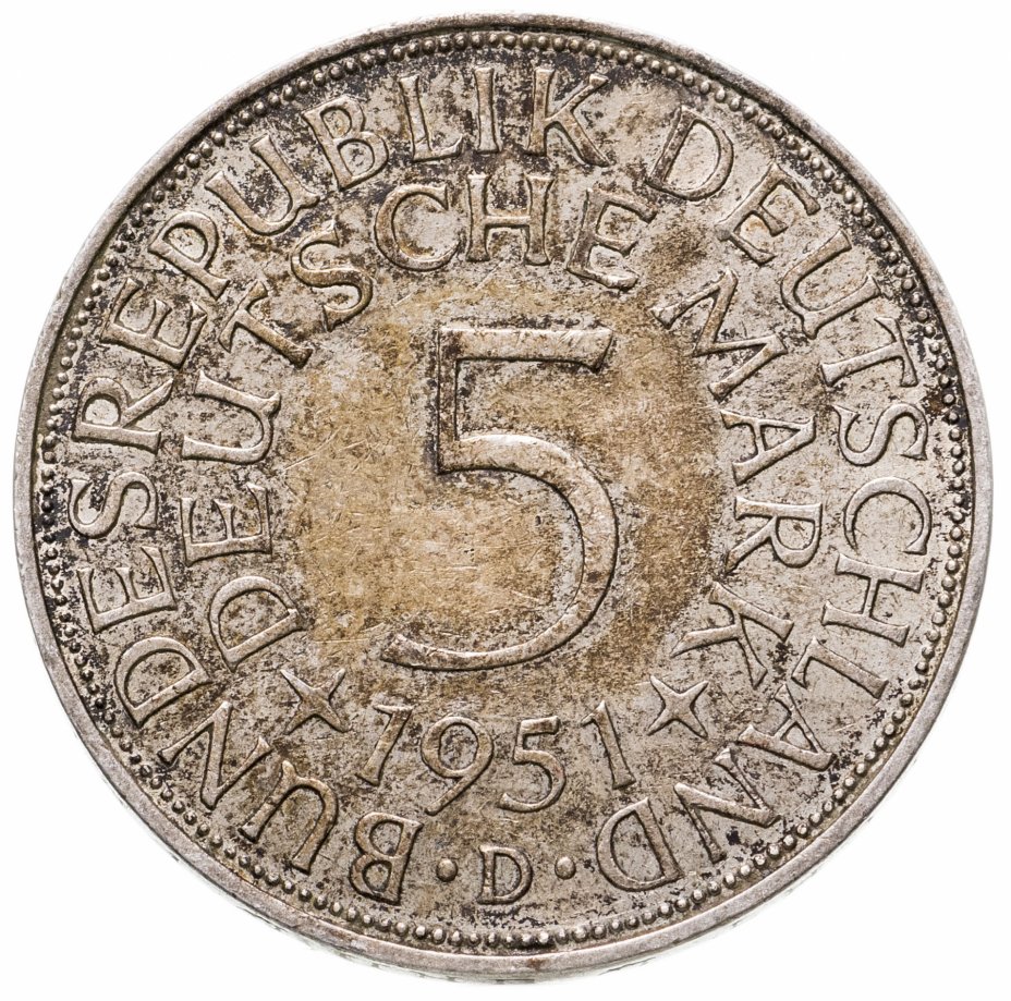 купить Германия 5 марок (deutsche mark) 1951 D  знак монетного двора: "D" - Мюнхен