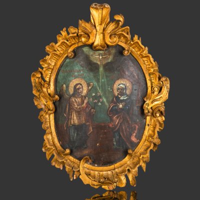 купить Икона "Благовещение", дерево, темпера, в раме в барочном стиле, Российская империя, 1840-1860 гг.