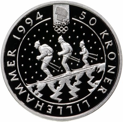 купить Норвегия 50 крон (kroner) 1991 XVII Зимние олимпийские игры, Лиллехаммер 1994 - Семья на лыжах